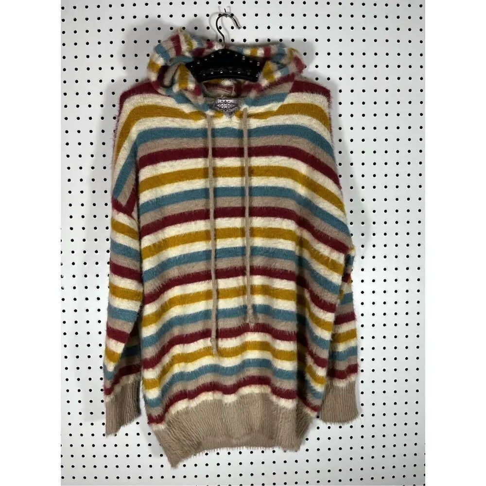 Anthropologie Oliver by Escio Striped Fuzzy Multicolor Hooded Sweater size L
